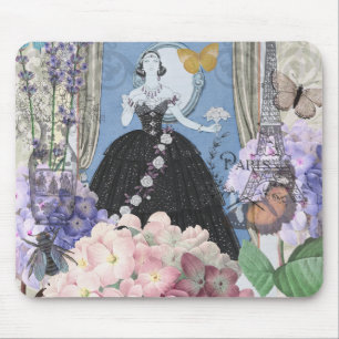 Blaue elegante Frau, florales, fantasievolles Klei Mousepad