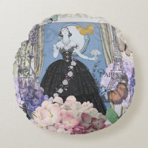 Blaue elegante Frau, florales, fantasievolles Klei Rundes Kissen