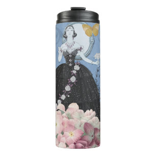 Blaue elegante Frau, florales, fantasievolles Klei Thermosbecher