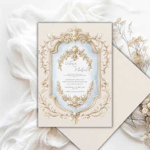 Blaue elegante goldene Vintage-Rahmen Hochzeit mit Einladung