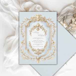 Blaue elegante goldene Vintage-Rahmen Hochzeit mit Einladung