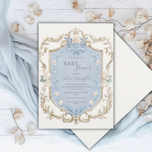 Blaue elegante Goldrahmen-Baby-Shower-Blumen Einladung