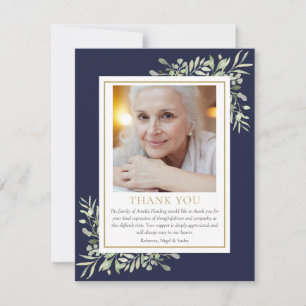 Blaue elegante Grün-Gold-Trauerfoto Dankeskarte