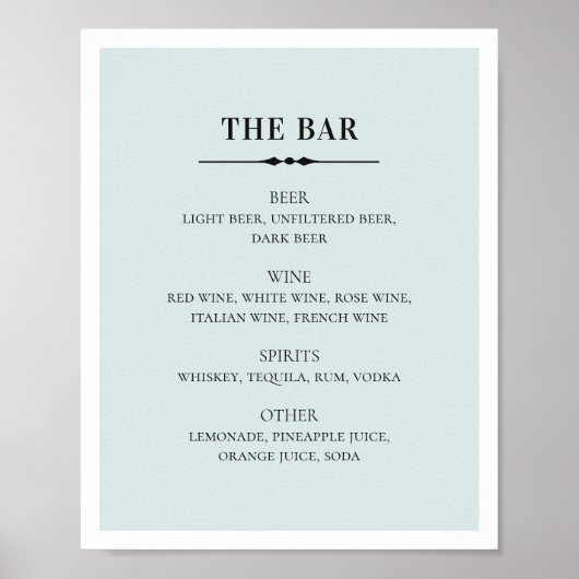 Blaue, elegante Hochzeit. Bar mit einfachen Alkoho Poster (Vorne)