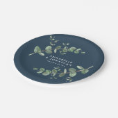 Blaue, elegante, moderne Eukalyptus-Laubblütenhoch Pappteller (Schrägansicht)