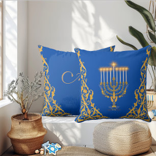Blaue elegante Monogramm-Hanukkah-goldene Menora Kissen