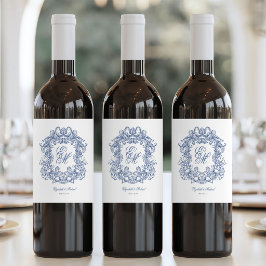 Blaue Elegante Monogramm-Wappen Hochzeit im Vintag Weinetikett