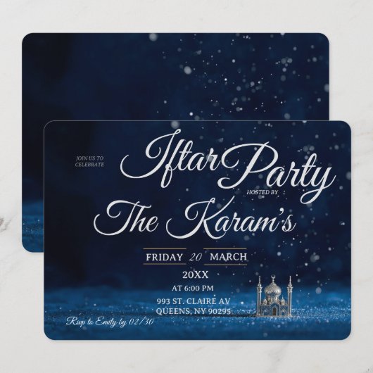 Blaue elegante Moschee Ramadan-Iftar-Party Einladung (Vorne/Hinten)