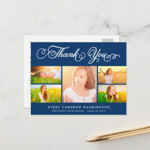 Blaue elegante Schrift 5 Foto-Abschieds-Dankeschön Postkarte