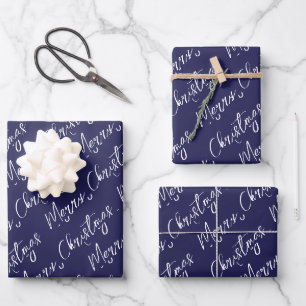 Blaue elegante Schrift Frohe Weihnachten Geschenkpapier Set