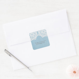 Blaue elegante Spitzen-Hochzeitsaufkleber Quadratischer Aufkleber