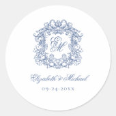 Blaue elegante Vintage-Monogramm-Wappen-Hochzeit Runder Aufkleber (Vorderseite)