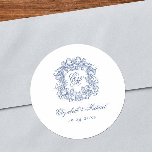 Blaue elegante Vintage-Monogramm-Wappen-Hochzeit Runder Aufkleber