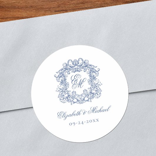 Blaue elegante Vintage-Monogramm-Wappen-Hochzeit Runder Aufkleber