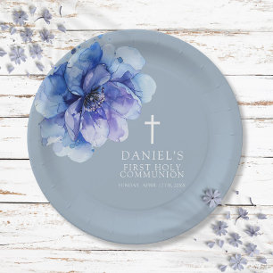 Blaue elegante Wasserfarbe Floral Erstkommunion Pappteller