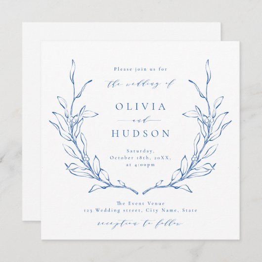 Blaue Eleganz botanischer Kranz rustikale Hochzeit Einladung (Vorne/Hinten)