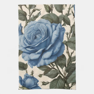 Blaue Eleganz: Vintage Provinzrosen in Blüte Geschirrtuch
