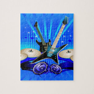 Blaue elektrische Gitarren, Trommeln u. Puzzle