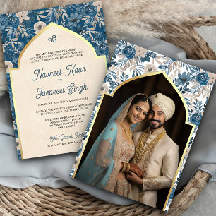 Blaue Elfenbein-Blumen-Foto-Anand-Karaj-Sikh-Hochz Einladung