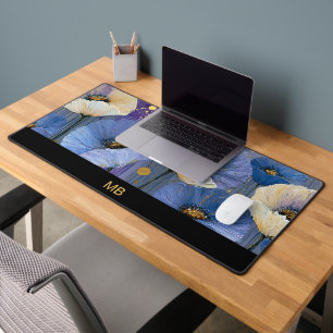 Blaue Elfenbein-Blumen Gold Luxus-Monogramm  Schreibtischunterlage