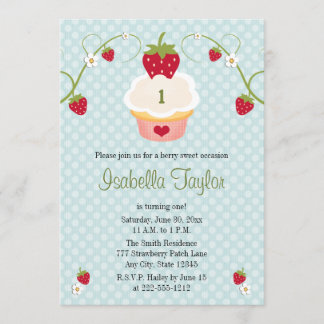 Blaue Erdbeerkuchen-Geburtstags-Einladung Einladung