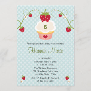 Blaue Erdbeerkuchen-Geburtstags-Foto-Einladung Einladung