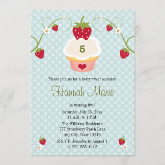 Blaue Erdbeerkuchen-Geburtstags-Foto-Einladung Einladung