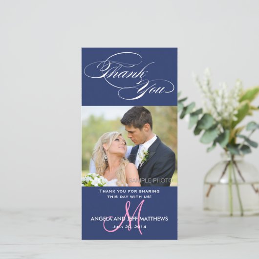 BLAUE ERSTE SKRIPT WEDD DANKE FOTOKARTE (Stehend Vorderseite)