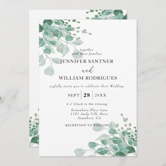 Blaue Eukalyptus-Blattblüte Hochzeit Einladung (Vorne/Hinten)