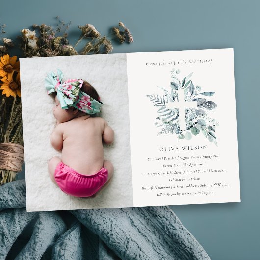 Blaue Eukalyptus Fauna Cross Foto Taufe einladen Dankeskarte