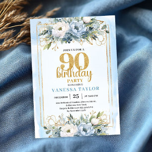 Blaue Eukalyptus-Goldakzent-Einladung zum 90. Gebu Einladung