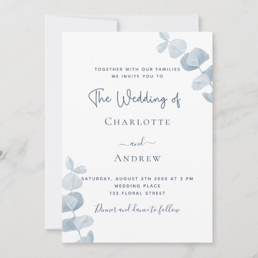 Blaue Eukalyptus-Hochzeit Einladung (Vorderseite)