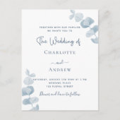 Blaue Eukalyptus-Hochzeit Einladungspostkarte (Vorderseite)