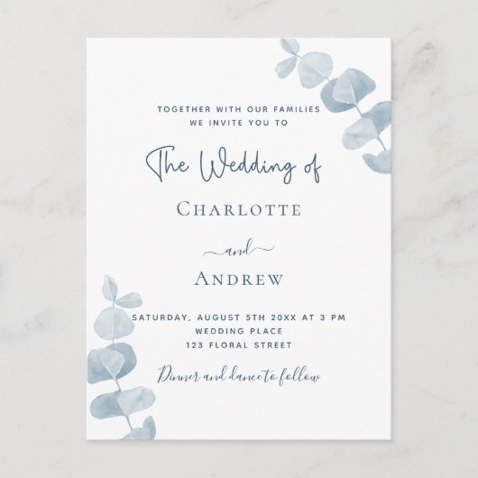 Blaue Eukalyptus-Hochzeit Einladungspostkarte (Vorderseite)