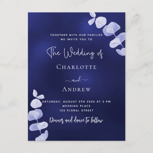 Blaue Eukalyptus-Hochzeit Postkarte (Vorderseite)