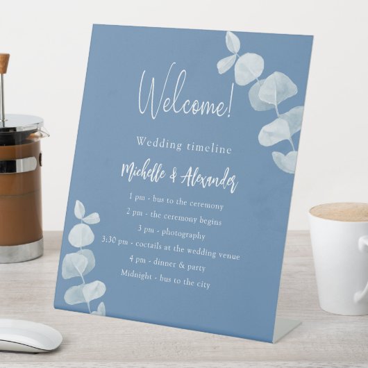 Blaue Eukalyptus Hochzeitsprogramm Sockelschild (In Situ)