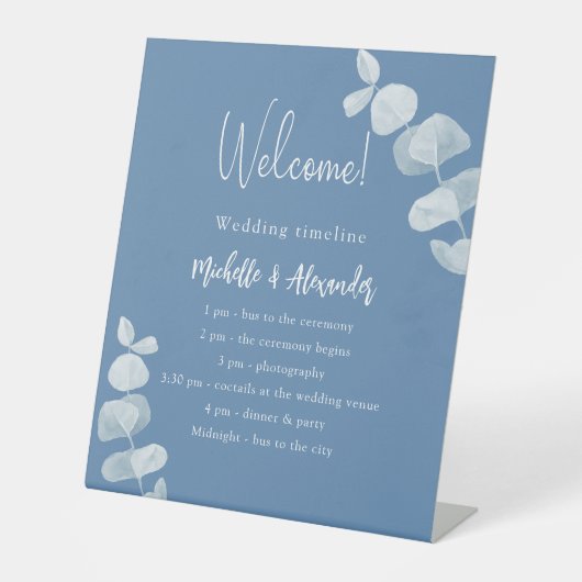 Blaue Eukalyptus Hochzeitsprogramm Sockelschild (Vorderseite)