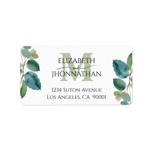 Blaue Eukalyptus-Monogramm-Hochzeit Adressaufkleber (Vorne)