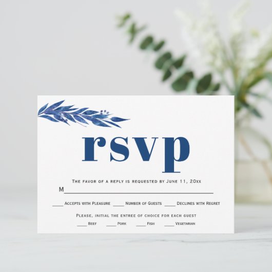 Blaue Eukalyptus Zweigmehl Wahl Hochzeit RSVP (Stehend Vorderseite)