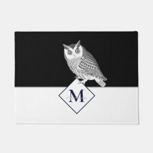 Blaue Eule Graues Monogramm Name Fußmatte