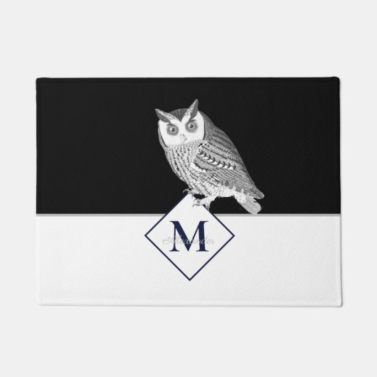 Blaue Eule Graues Monogramm Name Fußmatte (Vorderseite)