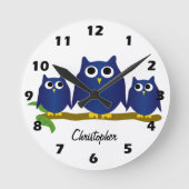 Blaue Eulen Design Personalisiert Runde Wanduhr (Vorderseite)