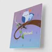 Blaue Eulen-personalisierte Wand-Uhr Quadratische Wanduhr (Winkel)