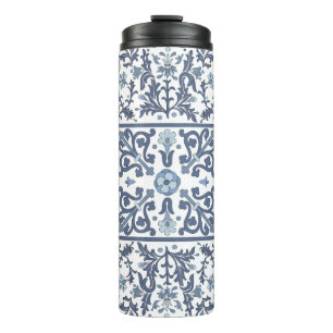 Blaue Fancy Blumen Grafik Muster Thermosbecher