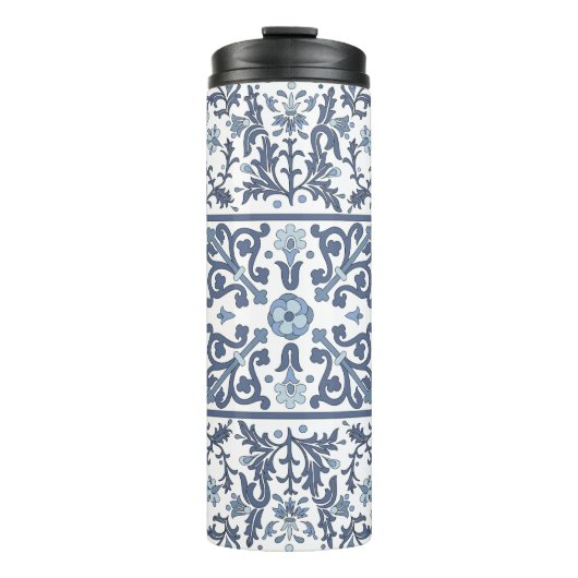 Blaue Fancy Blumen Grafik Muster Thermosbecher (Vorderseite)