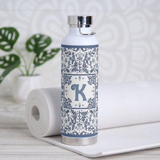 Blaue Fancy Blumenmuster Personalisiert Trinkflasche (Yoga)
