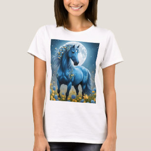 Blaue Fantasie Magisches Pferd Mondblumen, T-Shirt