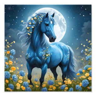 Blaue Fantasy Magical Horse Moon Blume, Fotodruck