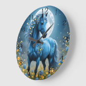 Blaue Fantasy Magical Horse Moon Blume, Große Wanduhr (Winkel)
