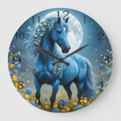 Blaue Fantasy Magical Horse Moon Blume, Große Wanduhr (Vorderseite)